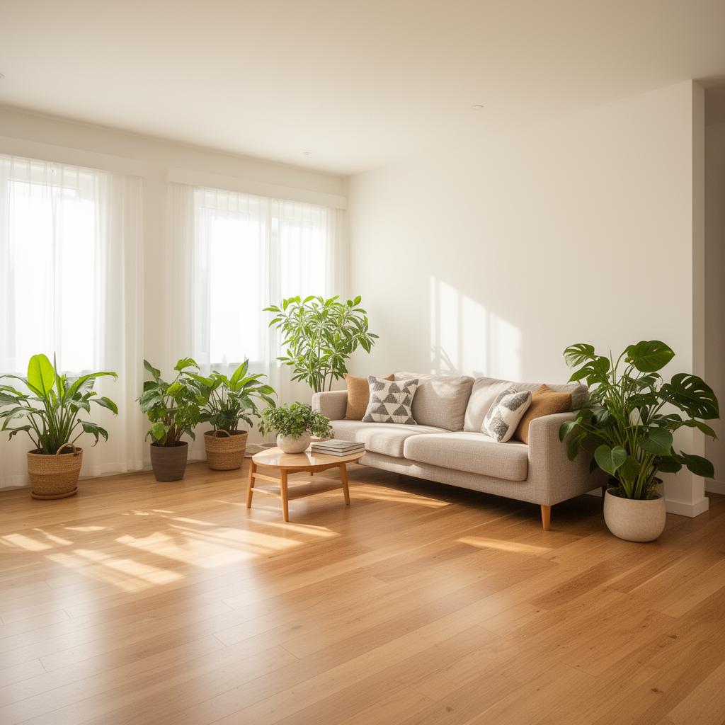 Sunlit living area with sofa and fresh floors after cleaning