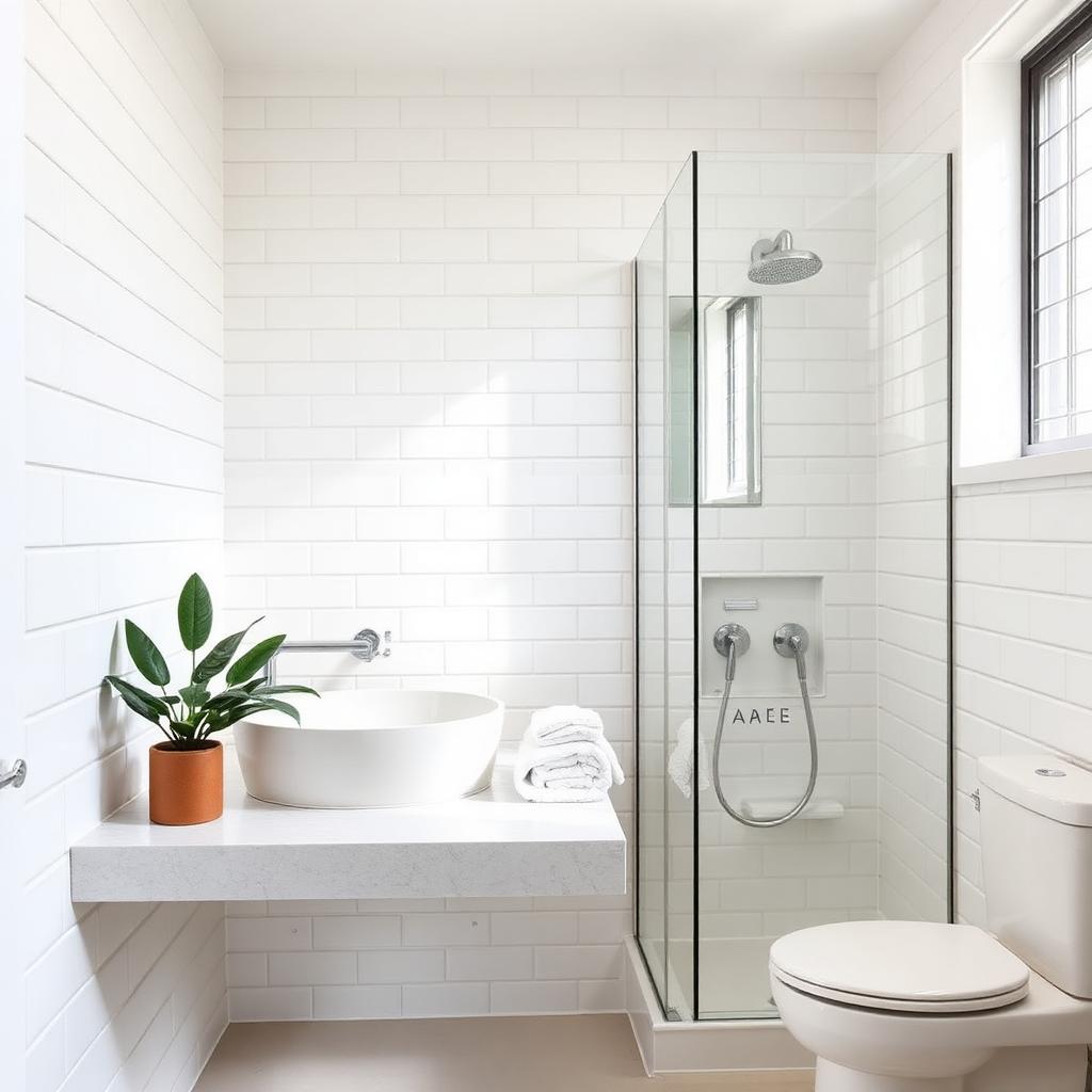 Spotless white-tiled bathroom with folded towels