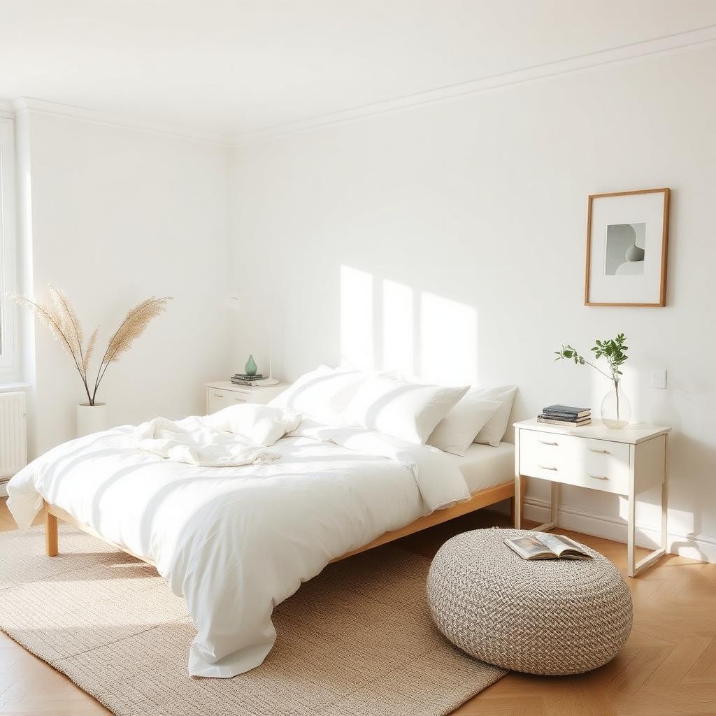 Tidy bedroom with crisp white linens and morning light