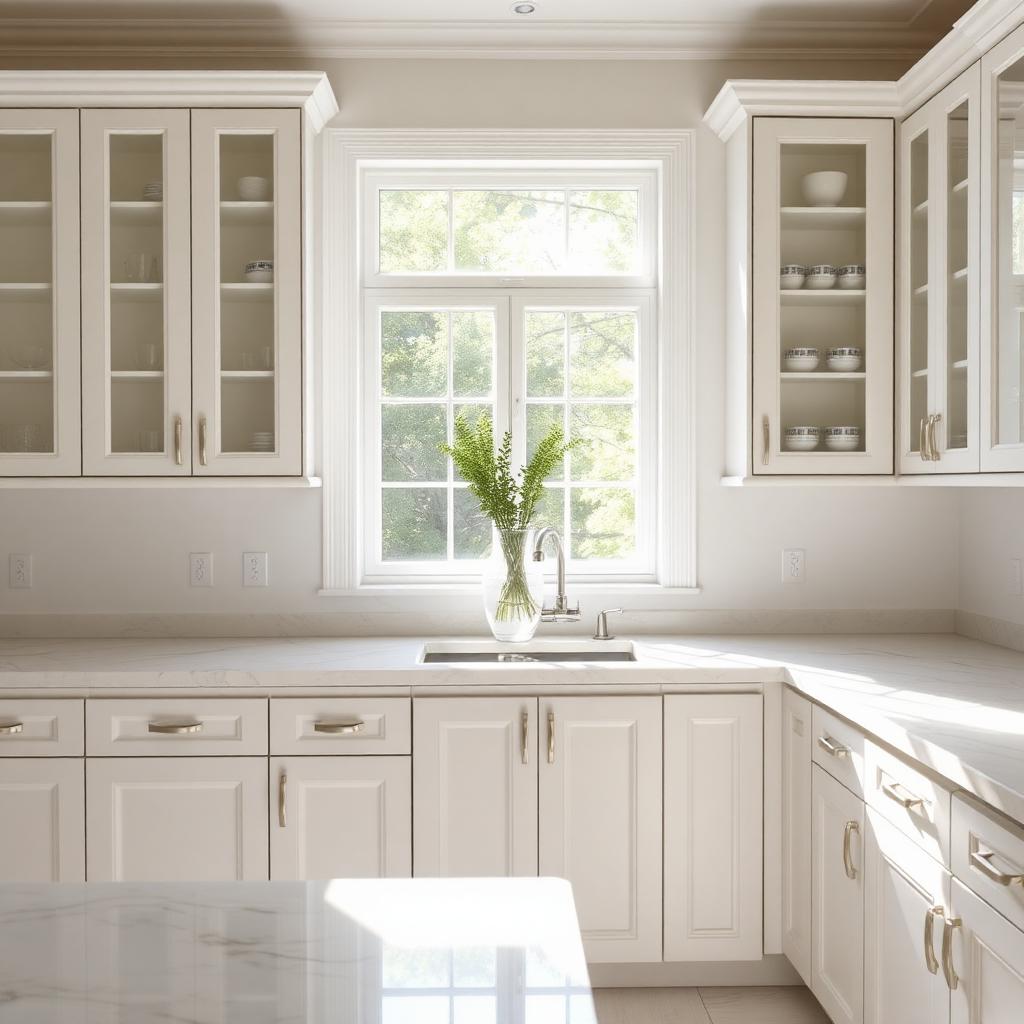 Bright kitchen with white cabinets after cleaning