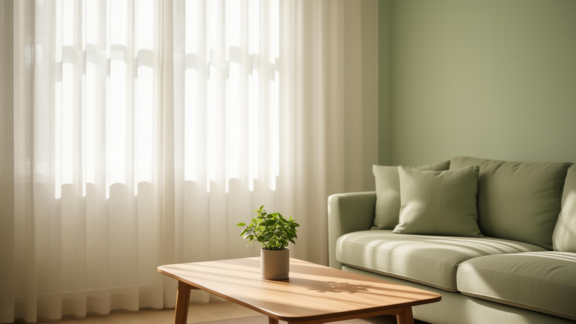 Sunlit living room with sage green sofa and sheer curtains, freshly cleaned
